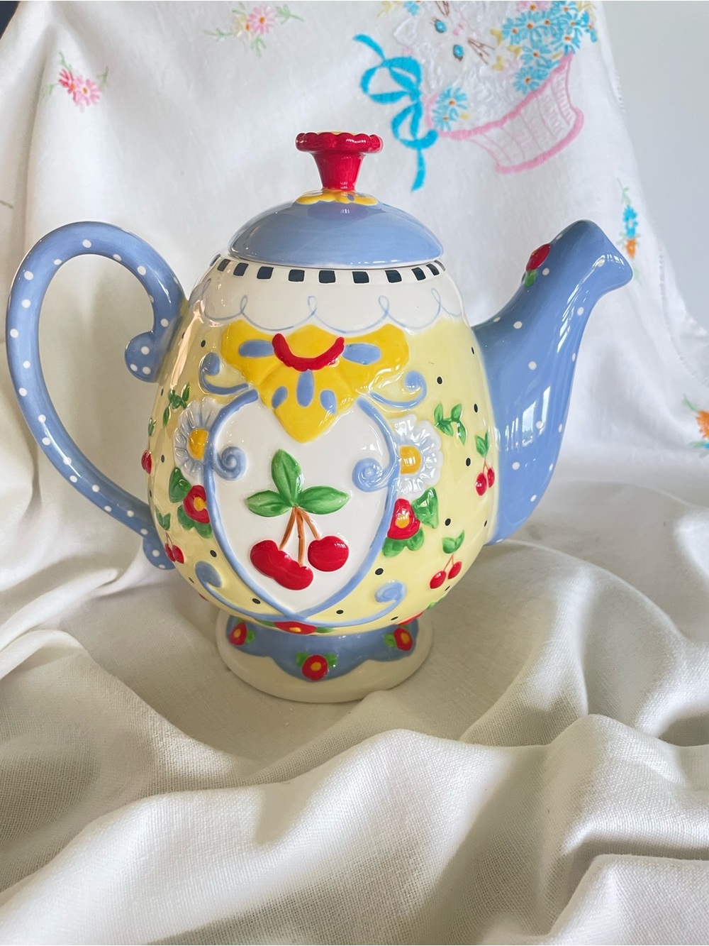 Mary Engelbreit Pastel Yellow & Blue Cherry Motif Ceramic Teapot